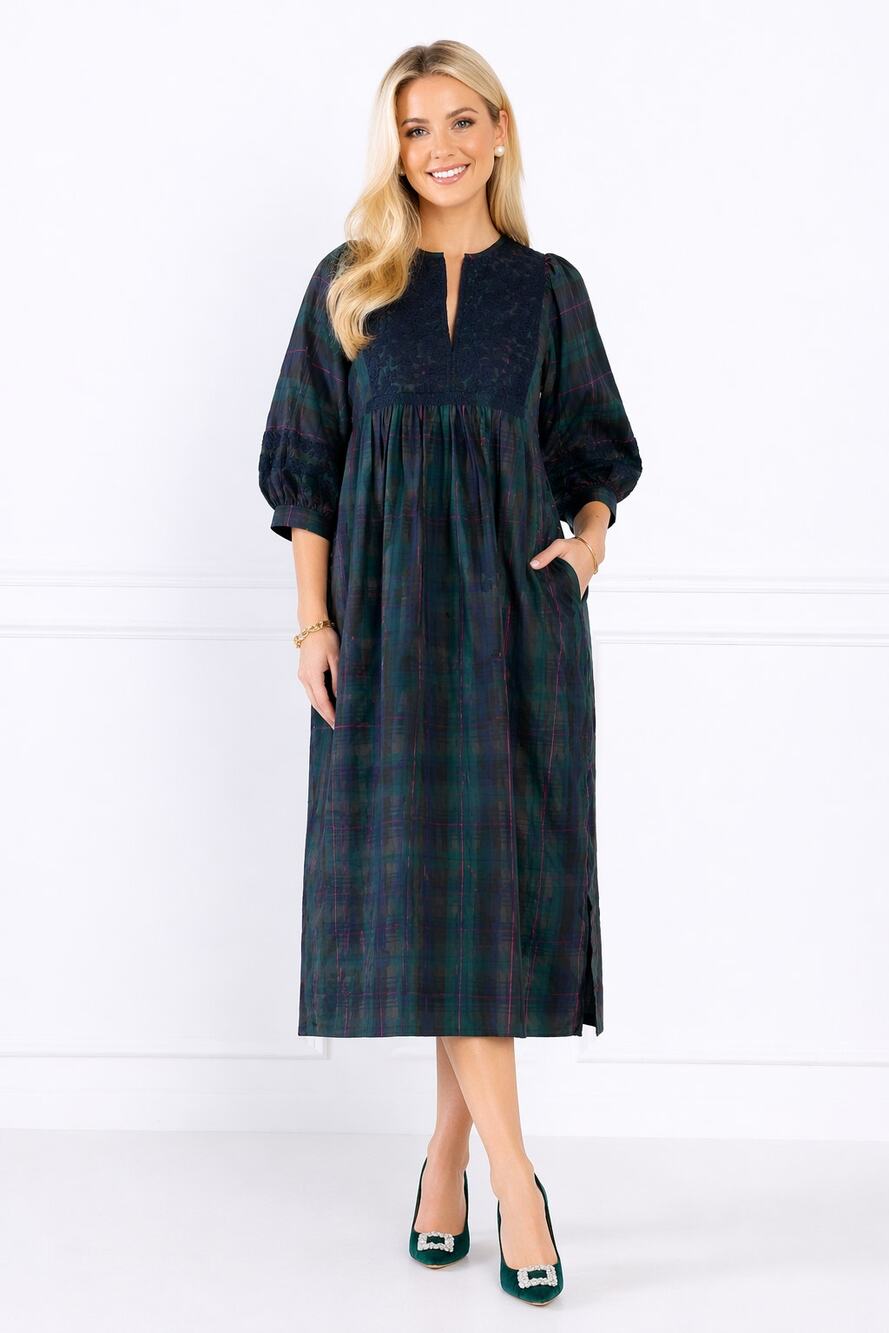 J Marie Katrina Embroidered Plaid Relaxed Midi Dress Puff Sleeve Womens Size XS
